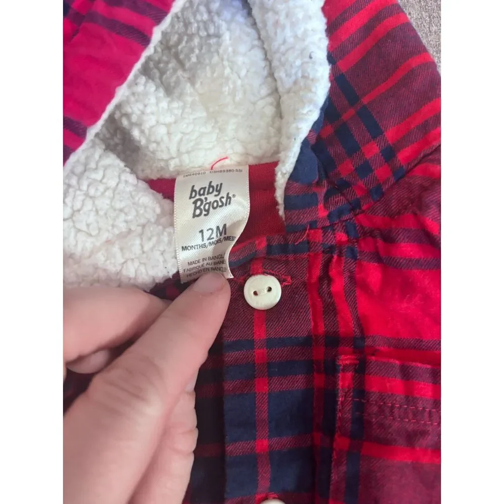 OshKosh Baby Boy‎ Plaid Hooded Romper 12M Red Blue One Piece Outfit
